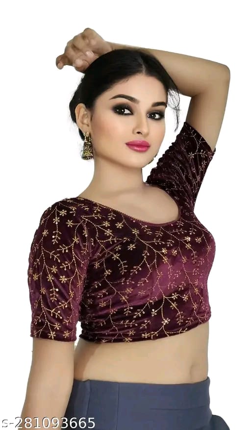 Women's Embroidered Velvet Blouse | Stylish Round Neck Stretchable Readymade Blouse with Half Sleeves