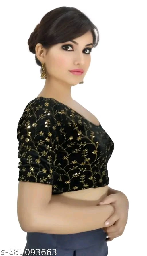 Women's Embroidered Velvet Blouse | Stylish Round Neck Stretchable Readymade Blouse with Half Sleeves