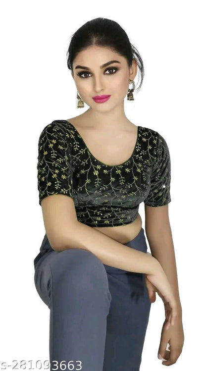 Women's Embroidered Velvet Blouse | Stylish Round Neck Stretchable Readymade Blouse with Half Sleeves