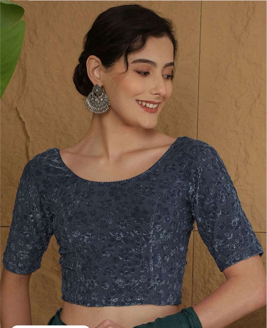 Elegant GREY Embroidered Brocade Blouse – Round Neck & Elbow Sleeves