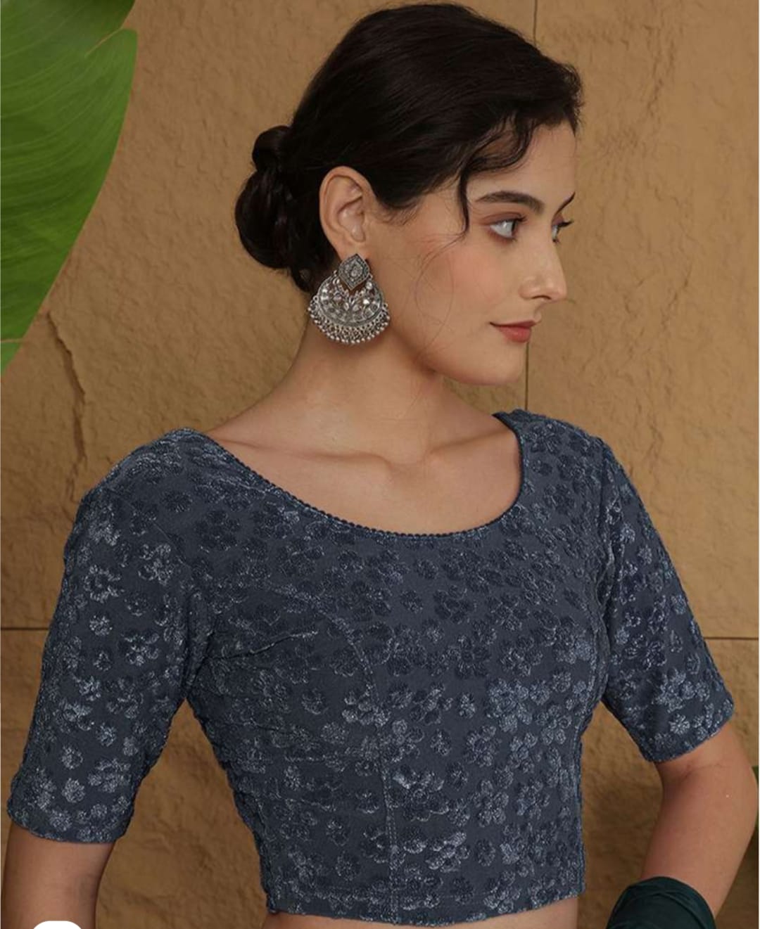 Elegant GREY Embroidered Brocade Blouse – Round Neck & Elbow Sleeves