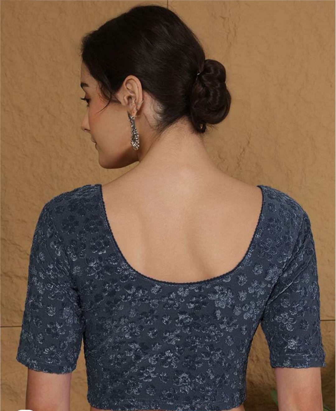 Elegant GREY Embroidered Brocade Blouse – Round Neck & Elbow Sleeves