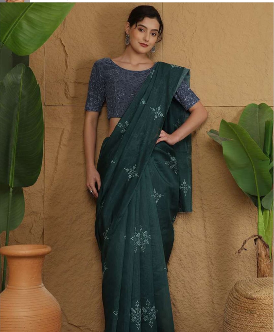 Elegant GREY Embroidered Brocade Blouse – Round Neck & Elbow Sleeves