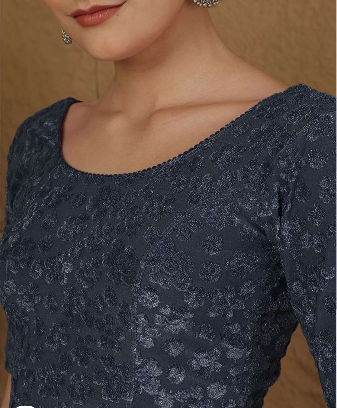 Elegant GREY Embroidered Brocade Blouse – Round Neck & Elbow Sleeves
