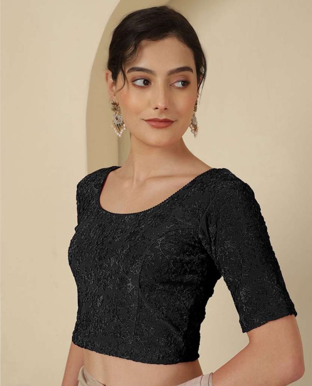 Women's Floral Readymade Blouse | Round Neck | Elbow-Length Sleeves |
