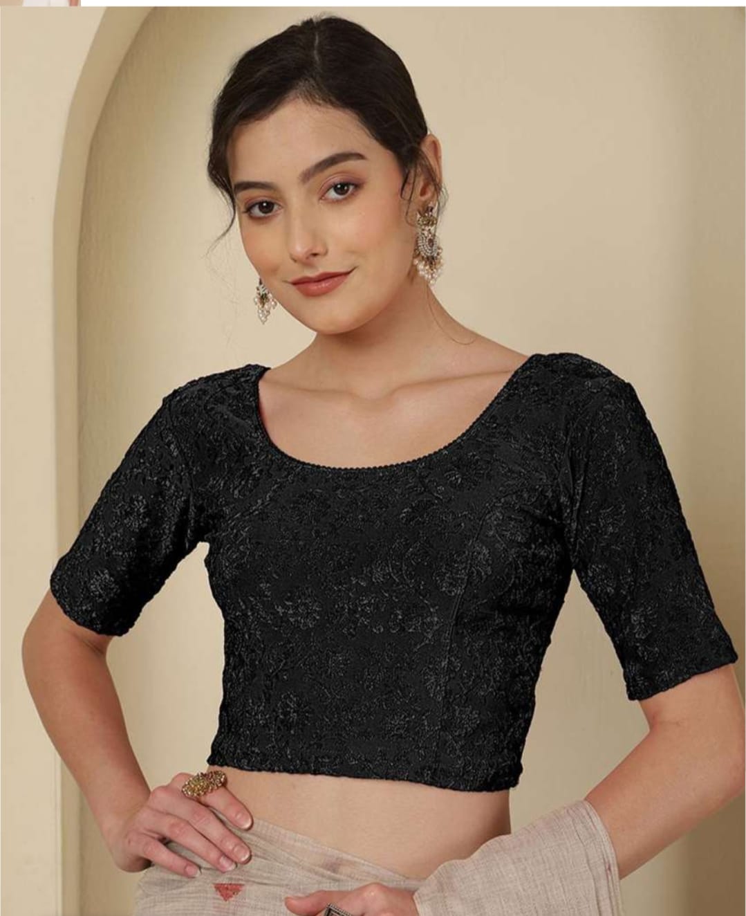 Women's Floral Readymade Blouse | Round Neck | Elbow-Length Sleeves |
