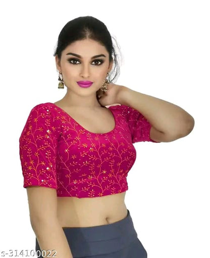 Women's Embroidered Velvet Blouse | Stylish Round Neck Stretchable Readymade Blouse with Half Sleeves