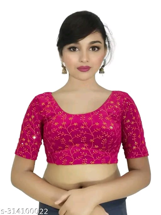 Women's Embroidered Velvet Blouse | Stylish Round Neck Stretchable Readymade Blouse with Half Sleeves