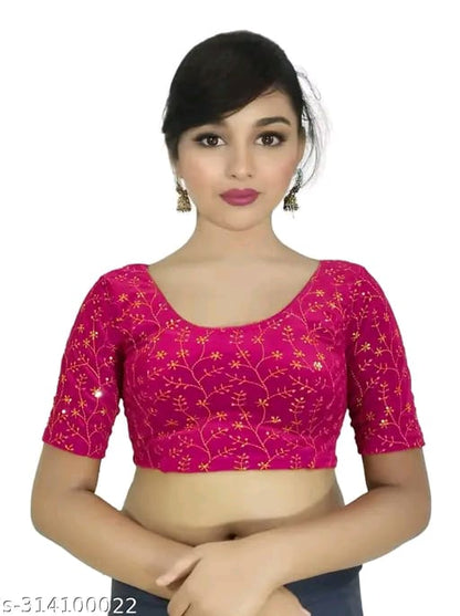 Women's Embroidered Velvet Blouse | Stylish Round Neck Stretchable Readymade Blouse with Half Sleeves