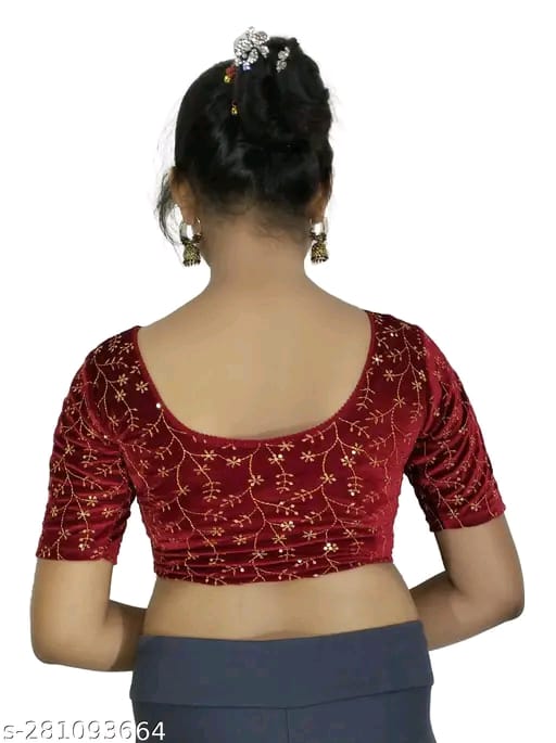 Women's Embroidered Velvet Blouse | Stylish Round Neck Stretchable Readymade Blouse with Half Sleeves