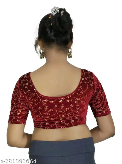 Women's Embroidered Velvet Blouse | Stylish Round Neck Stretchable Readymade Blouse with Half Sleeves