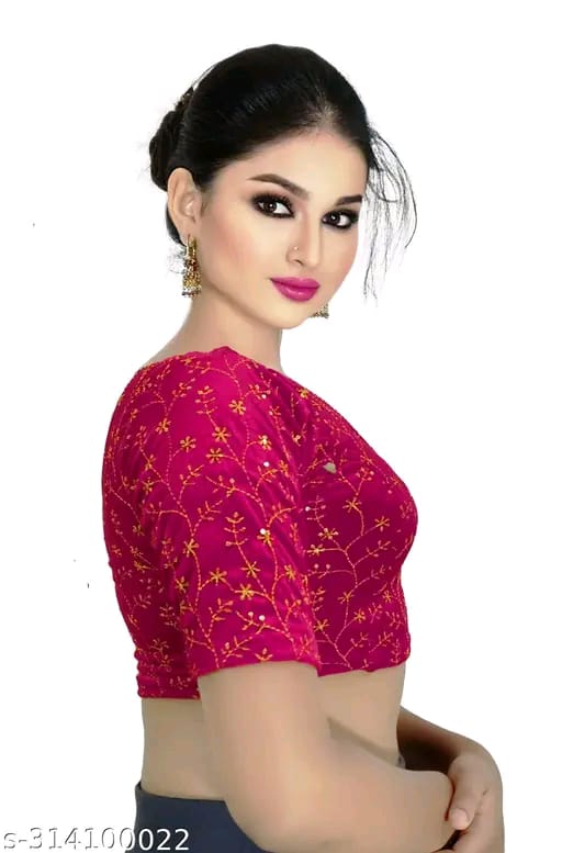 Women's Embroidered Velvet Blouse | Stylish Round Neck Stretchable Readymade Blouse with Half Sleeves