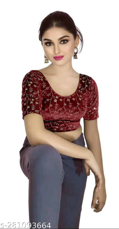 Women's Embroidered Velvet Blouse | Stylish Round Neck Stretchable Readymade Blouse with Half Sleeves