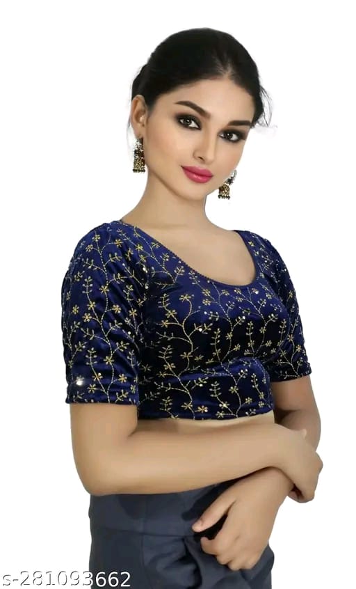 Women's Embroidered Velvet Blouse | Stylish Round Neck Stretchable Readymade Blouse with Half Sleeves