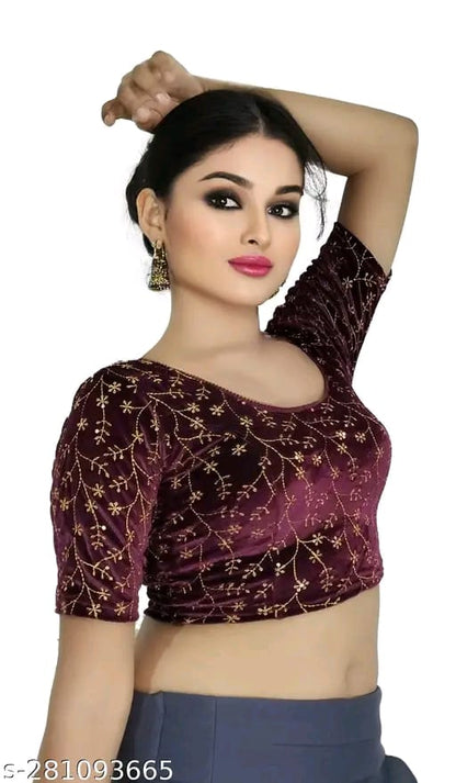 Women's Embroidered Velvet Blouse | Stylish Round Neck Stretchable Readymade Blouse with Half Sleeves