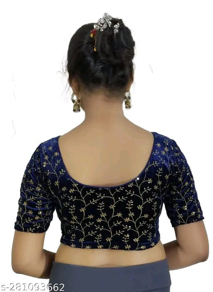 Women's Embroidered Velvet Blouse | Stylish Round Neck Stretchable Readymade Blouse with Half Sleeves