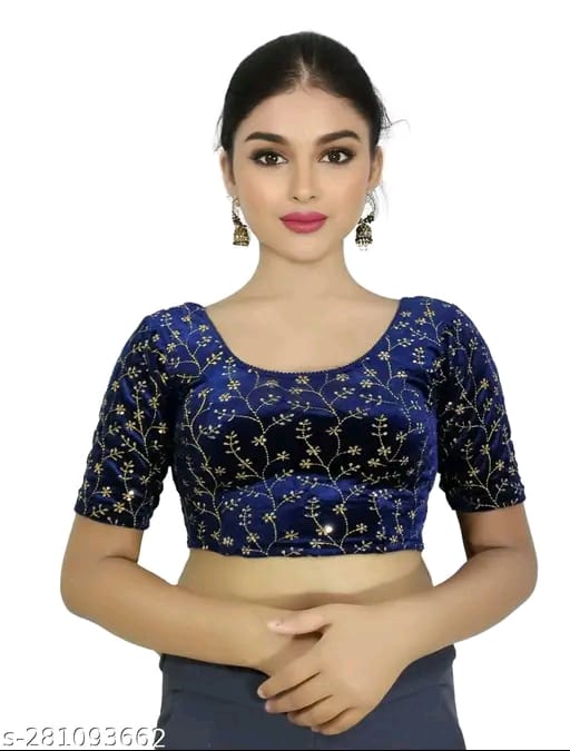 Women's Embroidered Velvet Blouse | Stylish Round Neck Stretchable Readymade Blouse with Half Sleeves