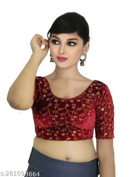 Women's Embroidered Velvet Blouse | Stylish Round Neck Stretchable Readymade Blouse with Half Sleeves