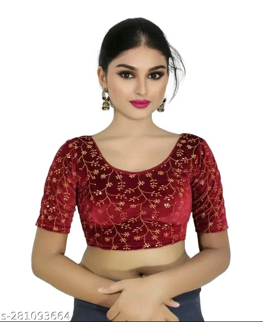 Women's Embroidered Velvet Blouse | Stylish Round Neck Stretchable Readymade Blouse with Half Sleeves