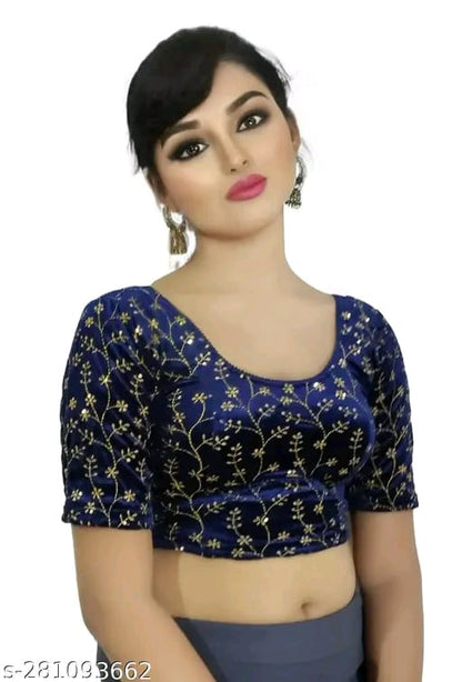 Women's Embroidered Velvet Blouse | Stylish Round Neck Stretchable Readymade Blouse with Half Sleeves