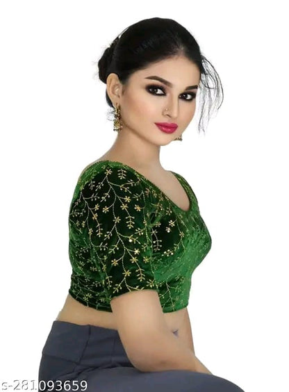 Women's Embroidered Velvet Blouse | Stylish Round Neck Stretchable Readymade Blouse with Half Sleeves