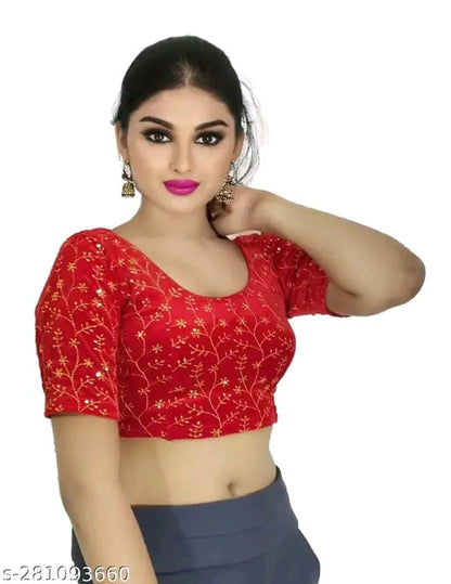 Women's Embroidered Velvet Blouse | Stylish Round Neck Stretchable Readymade Blouse with Half Sleeves