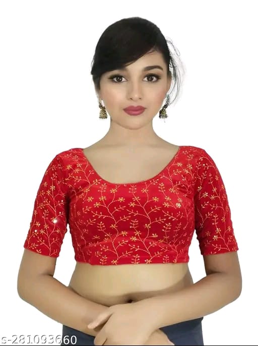 Women's Embroidered Velvet Blouse | Stylish Round Neck Stretchable Readymade Blouse with Half Sleeves