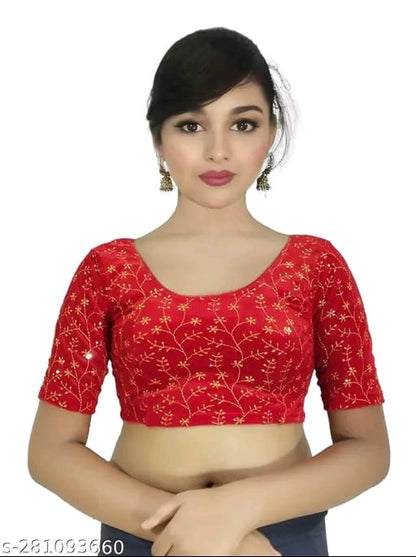 Women's Embroidered Velvet Blouse | Stylish Round Neck Stretchable Readymade Blouse with Half Sleeves