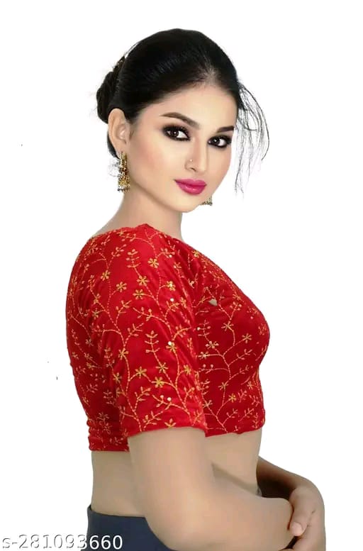 Women's Embroidered Velvet Blouse | Stylish Round Neck Stretchable Readymade Blouse with Half Sleeves