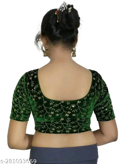 Women's Embroidered Velvet Blouse | Stylish Round Neck Stretchable Readymade Blouse with Half Sleeves