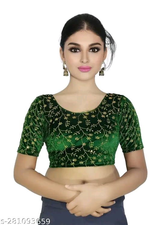 Women's Embroidered Velvet Blouse | Stylish Round Neck Stretchable Readymade Blouse with Half Sleeves