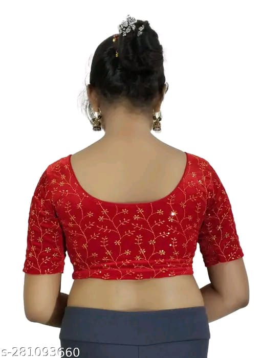 Women's Embroidered Velvet Blouse | Stylish Round Neck Stretchable Readymade Blouse with Half Sleeves