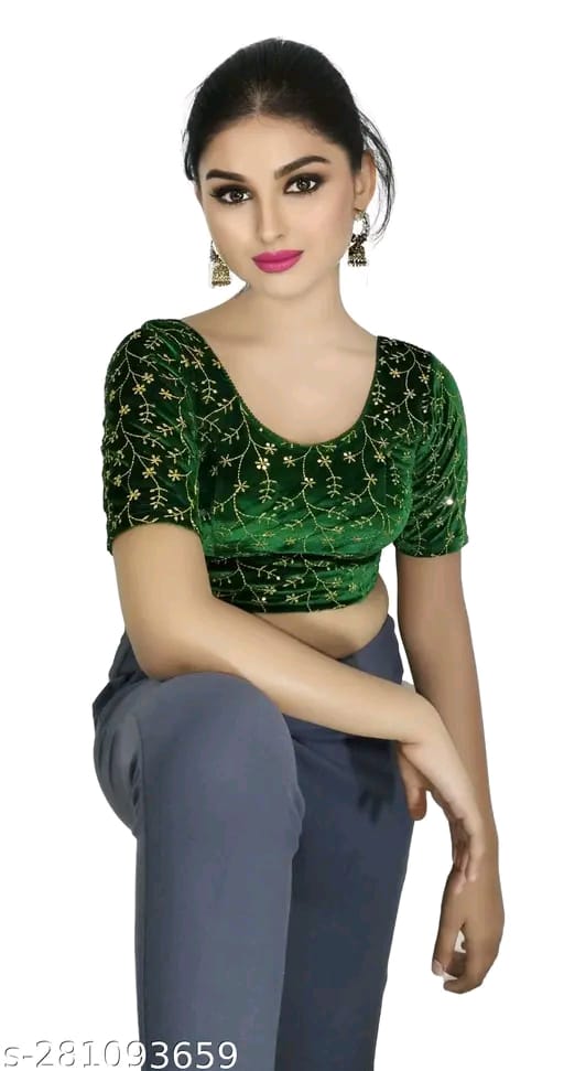 Women's Embroidered Velvet Blouse | Stylish Round Neck Stretchable Readymade Blouse with Half Sleeves